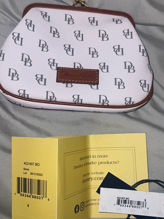 Dooney & Bourke Handbags - Dooney & Bourke White Monogram Kiss-Lock Coin Purse with Brown Trim